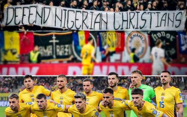 Torcedores da Romênia exibem faixa pedindo proteção aos cristãos na Nigéria